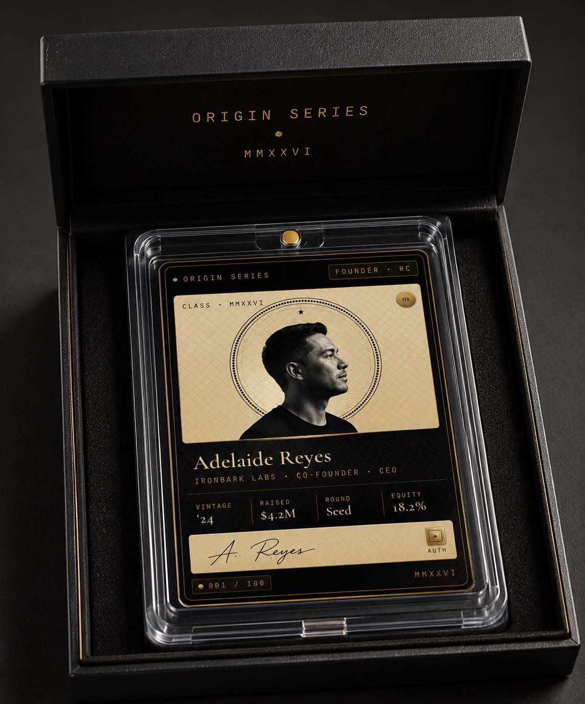 Origin Series presentation box, open — Founders Edition card inside an acrylic slab on felt
